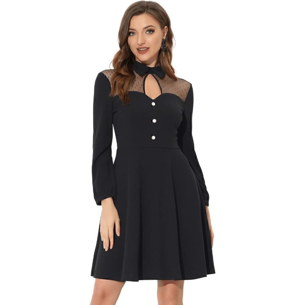 Gothic Mesh Panel Keyhole Collar Long Sleeve Mini Little Black Dress SIZE L NWT